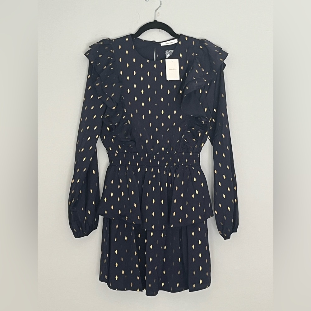 Navy dress with gold print/ ruffled shoulders & skirt, smocked waist/ super cute